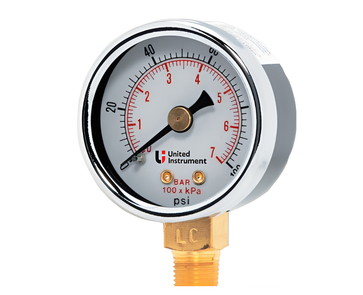 Industrial pressure gauge on white background
