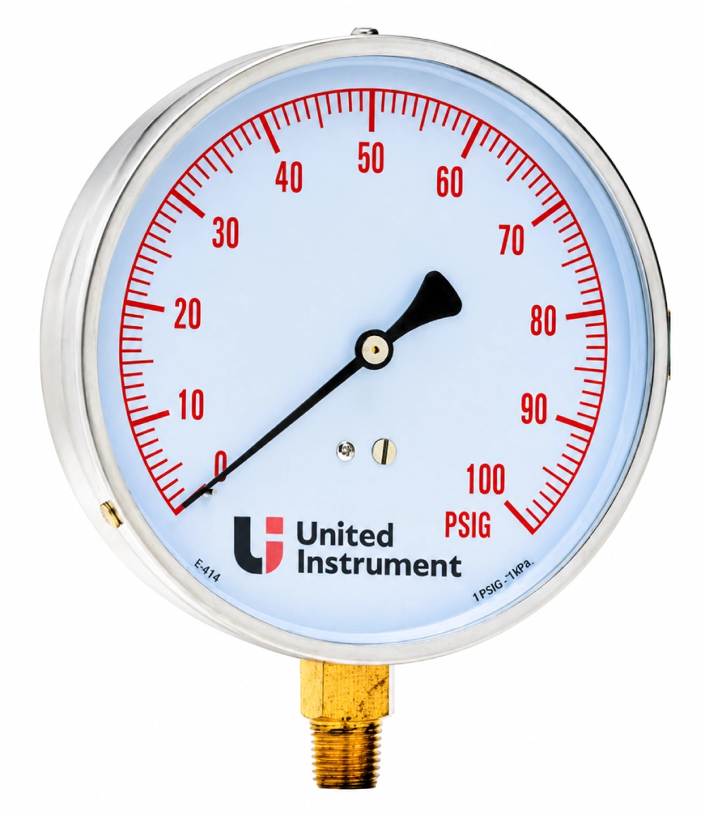 Industrial pressure gauge, United Instrument logo